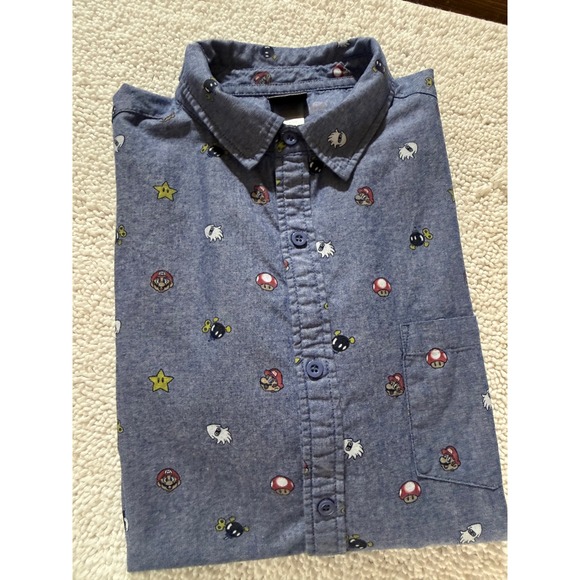 Fifth Sun Other - Nintendo Super Mario Bros Mens XL Blue Chambray Short Sleeve Button Down Shirt